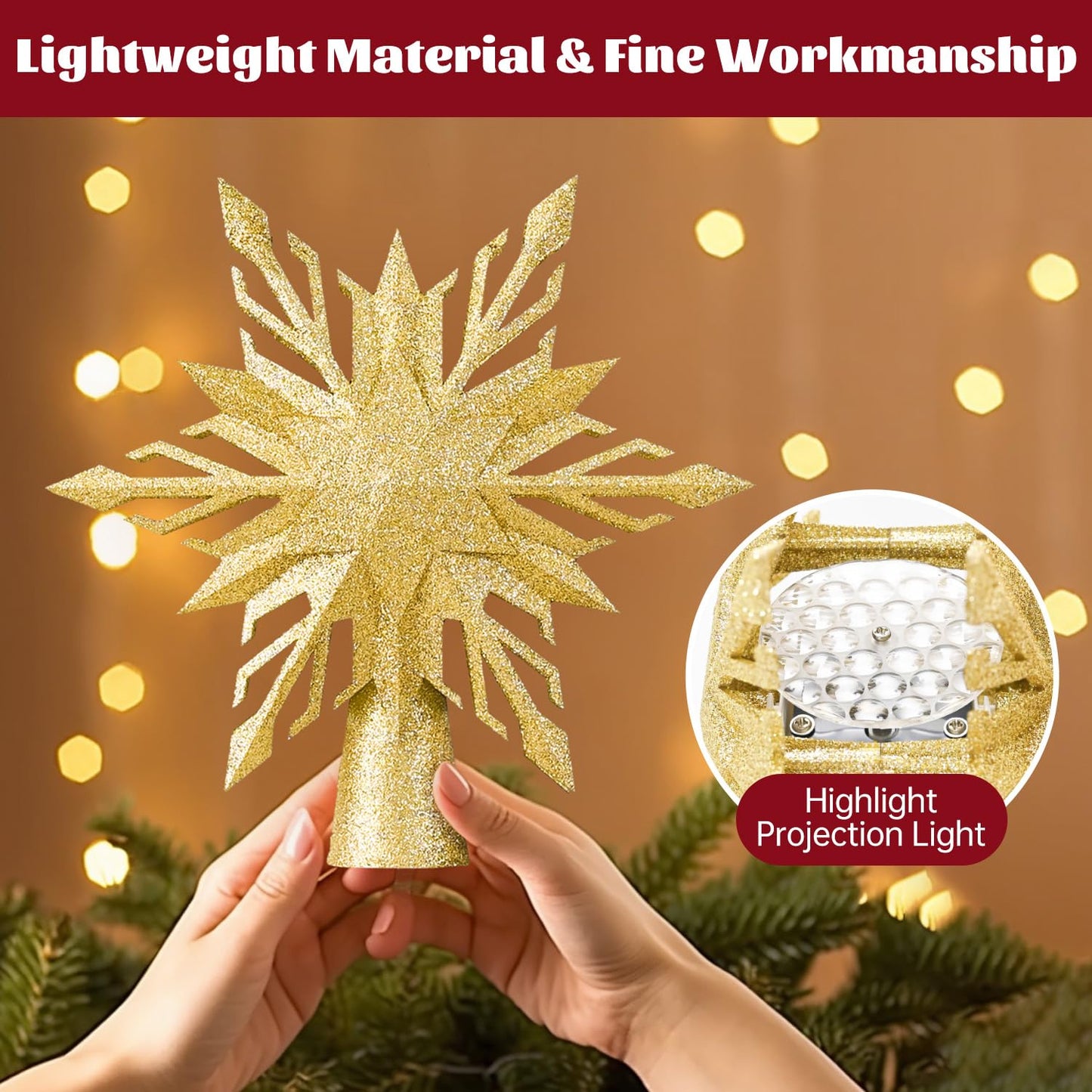Christmas Star Tree Topper Lighted with Led Snowflake Projection, Christmas Tree Topper Star with Built-in LED Rotating 3D Projector Lights, Christmas Decoration for Family Office Indoor (Gold)