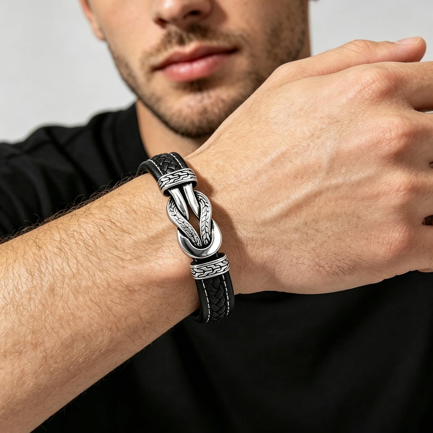 LJWVX Men's Braided Black Leather Bracelet Wristband Cuff Bracelet for Men Gifts Stainless Steel Clasp