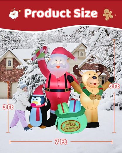 7FT Christmas Inflatables Outdoor Decorations, Blow Up Yard Decorations with Santa Claus Penguins Reindeer and Gift Bag Inflatable with LED Lights for Indoor Outdoor Yard Garden Decor