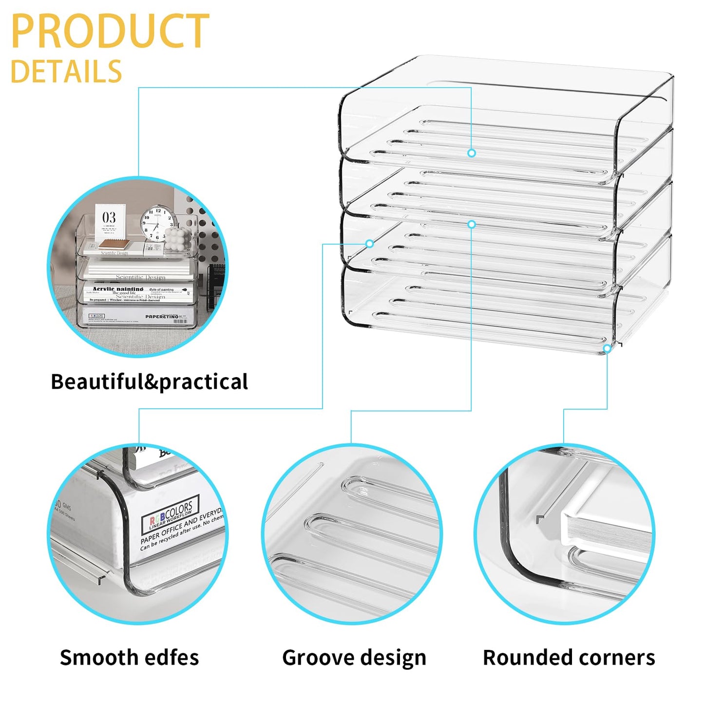 FANXIYQ 4-Tier Acrylic Paper Tray Organizer - Low-Profile Desk File Sorter for Office/Home, Clear Stackable Letter Tray for Bills, Crafts, Notebooks