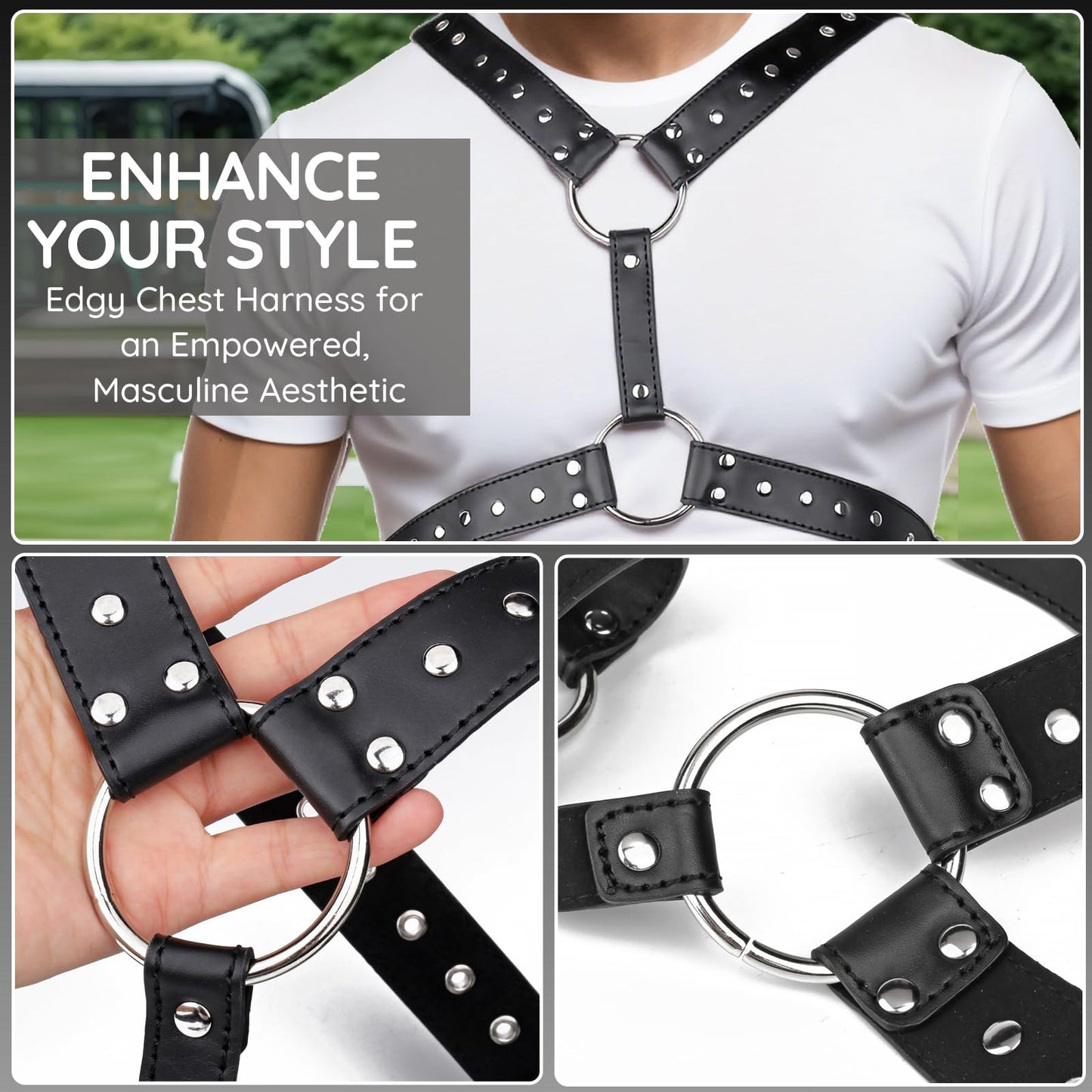 RTeczSolve Men's Chest Harness Belt, Adjustable Body Harness Belt for Men, PU Leather Male Punk Chest Shoulder Harness Muscle Show Fashion Costumes for Cosplay Party