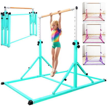 PreGymnastic Foldable Gymnastics Bar, 5.6FT Horizontal Bars for Kids 3-12, Weight Limit 350 LBS, Adjustable kip Bar, Children Home Gym Equipment (Teal)