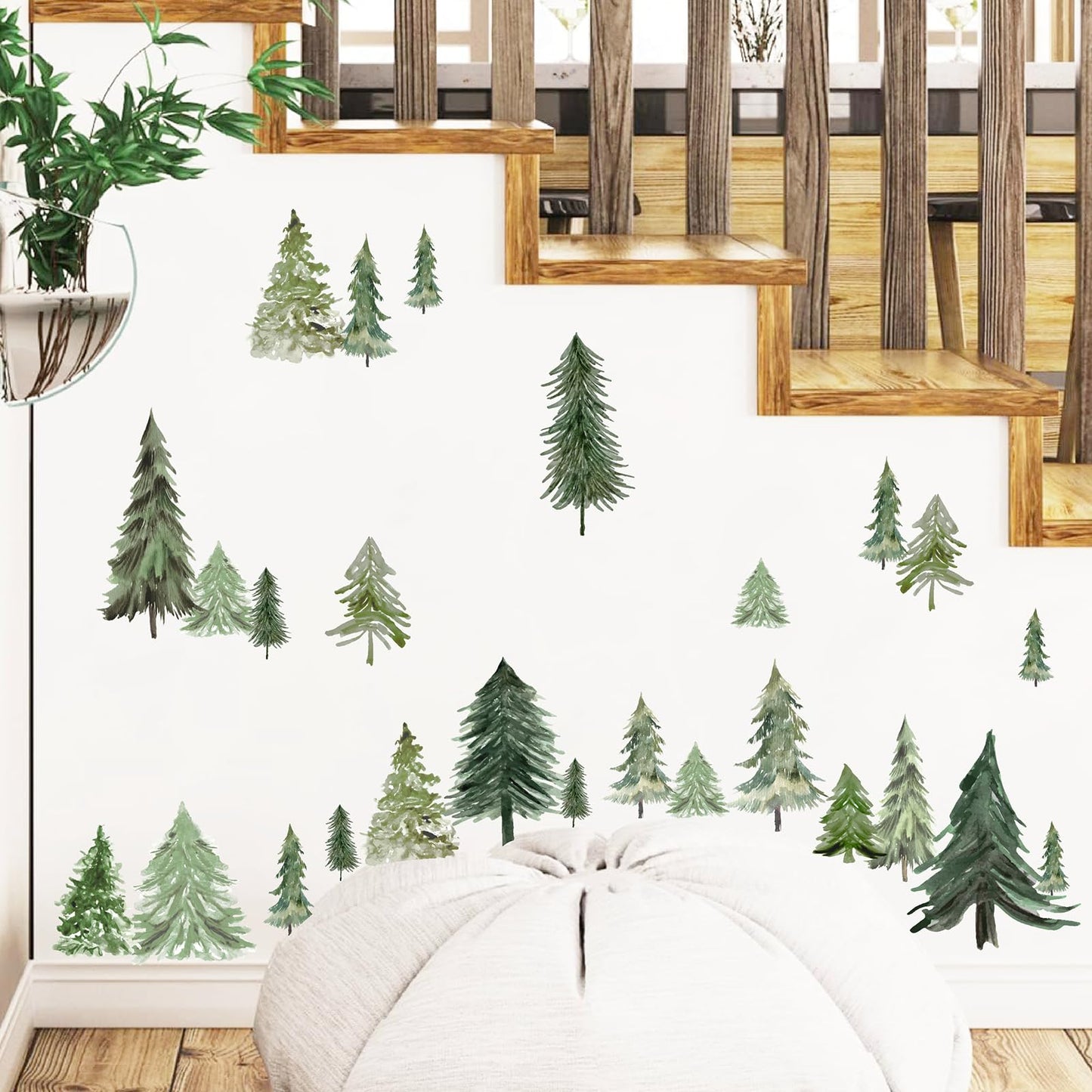 Watercolor Tree Wall Stickers Small Pine Tree Wall Decal Green Trees Wall Window Stickers Removable Forest Trees Decals Peel and Stick Small Tree Wall Decals for Bedroom Living Room Nursery