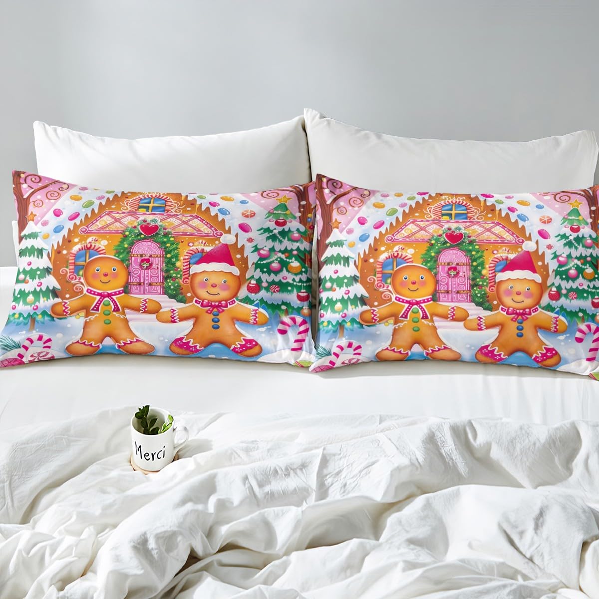 Feelyou Kids Pink Merry Christmas Bedding Set Full Size Xmas Gingerbread Man Comforter Cover Set for Boys Girls Candy Cane House Winter Duvet Cover Happy New Year Bedspread Cover (No Comforter)