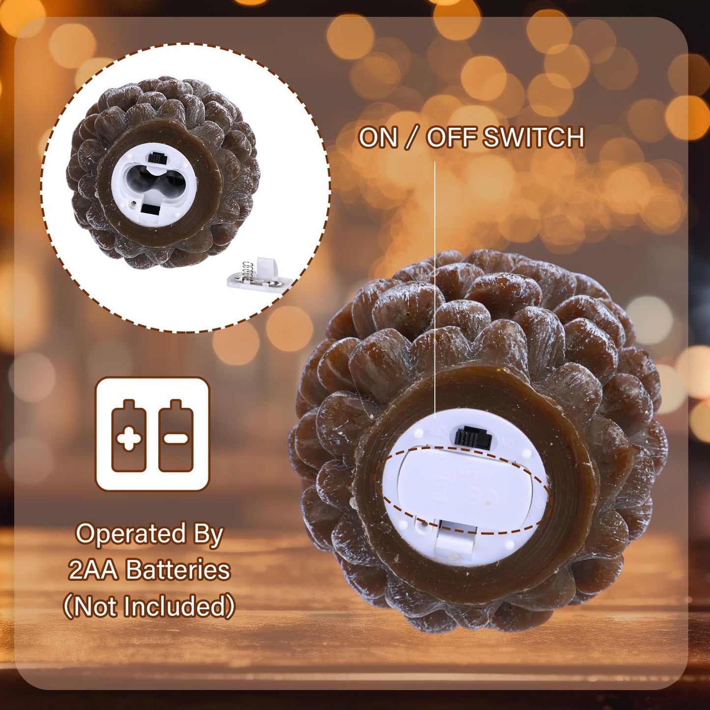 Baquler 4 Pcs LED Pine Cone Candles, Battery Operated, Flameless, Real Wax Pine Cone Candles with LED Flickering for Christmas Party Decoration