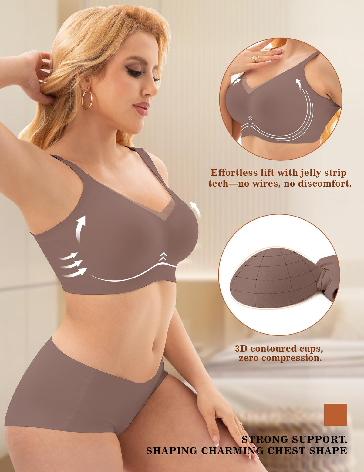 PoseFree Womens Wireless Bras Supportive Tshirt Bra No Underwire Seamless Push Up V Mesh Comfortable Bralette Everyday Bras Coffee XL