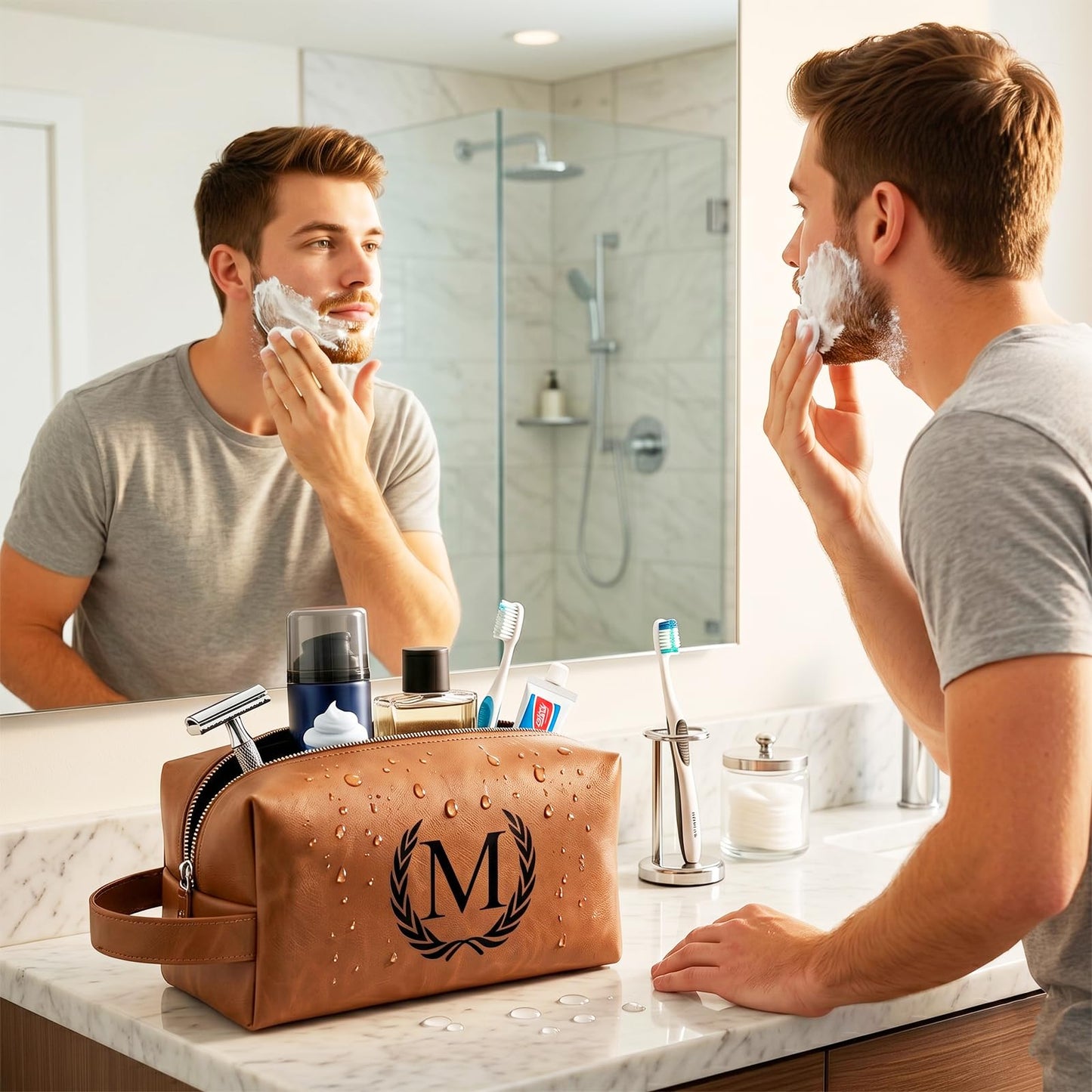 XUMGCUTM Personalized Leather Toiletry Travel Bag for Men Custom Christmas Birthday Gifts for Men Groomsmen Dad Husband Boyfriend Engraved Initial Waterproof Shaving Bags(B, Light Brown)