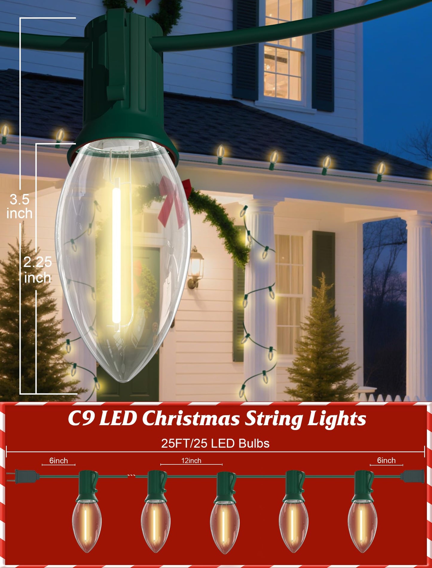 SUNSGNE C9 LED Christmas Lights Outdoor, Christmas Outdoor Lights with 27 LED Warm White Bulbs(2 Spare) for Xmas Holidays Roofline Patio Garden Party Wedding Decor