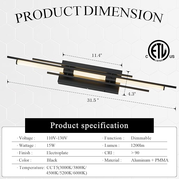 31" Black LED Vanity Light LED Bathroom Wall Light Over Mirror 5CCT(3000K/3800K/4500K/5200K/6000K) Modern Dimmable Bathroom Wall Lamp Picture Lighting