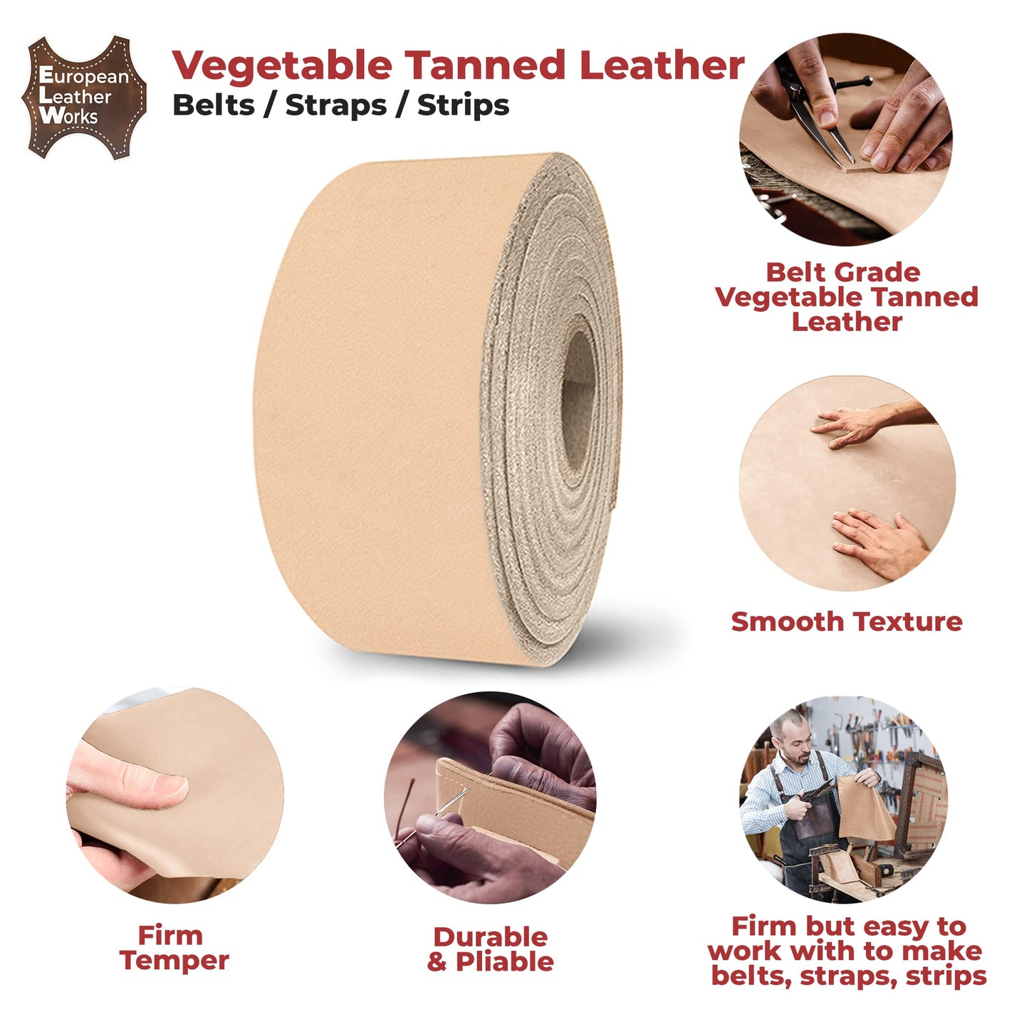 European Leather Works 11-12 oz. (4-4.8mm) Vegetable Tanned Leather Belt Blanks/Straps Size: 2-1/2"x50" (6.35x127cm) Full Grain Cowhide Tooling, Crafting, Knife Sheath, Furniture