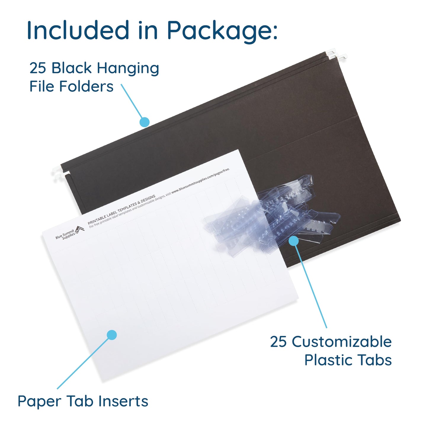 25 Blue Summit Supplies Legal Size Hanging File Folders - Black Hanging File Folders for Filing Cabinet, Durable 11 pt Paper with Plastic Tabs and Inserts, Black Legal Size Hanging Folders