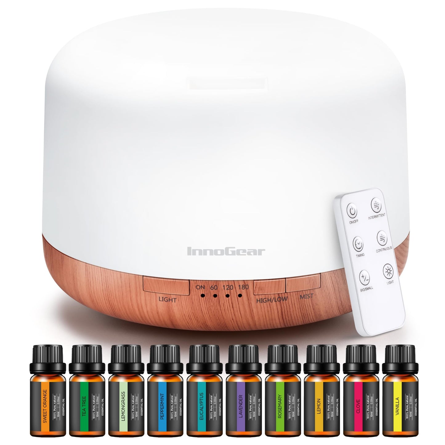 InnoGear Aromatherapy Diffuser & 10 Essential Oils Set, 500ml Essential Oil Diffuser with Remote Control Mother's Gift Ultrasonic Cool Mist Scent Humidifier Vaporizer Auto-Off Timer for Home, Yellow