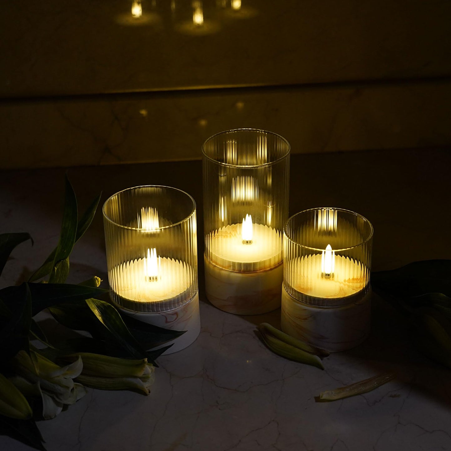 Fanna 3 Flameless LED Candles with Timer Function in Marble Texture, Battery Operated Glass Candles for Home Decor and Table Centerpieces, Cream and Burnt Orange Design - H 4" / 5" / 6"
