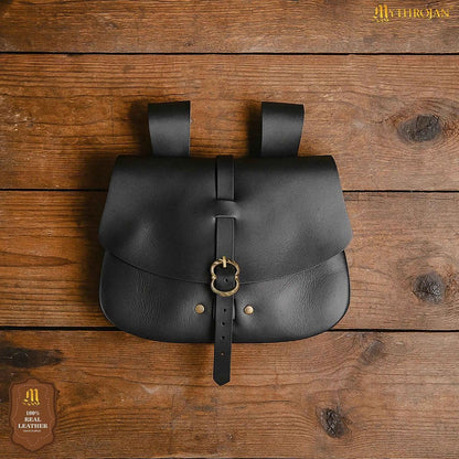 "Medieval Leather Belt Pouch Vintage Waist Bag for LARP, Renaissance Fairs, Costumes, Cellphone Holder, Travel Wallet, Fanny Pack, Holster Purse Durable & Stylish Pouch - Black, 6.2" x 7"