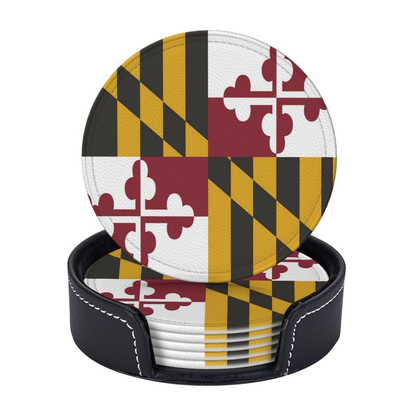 6 Pack Maryland State Flag Leather Coaster with Holder for Drinks- Heat Resistant Non-Slip National Flag Funny Coasters for Wooden Table Coffee Bar Kitchen Decor Housewarming, Set of 6