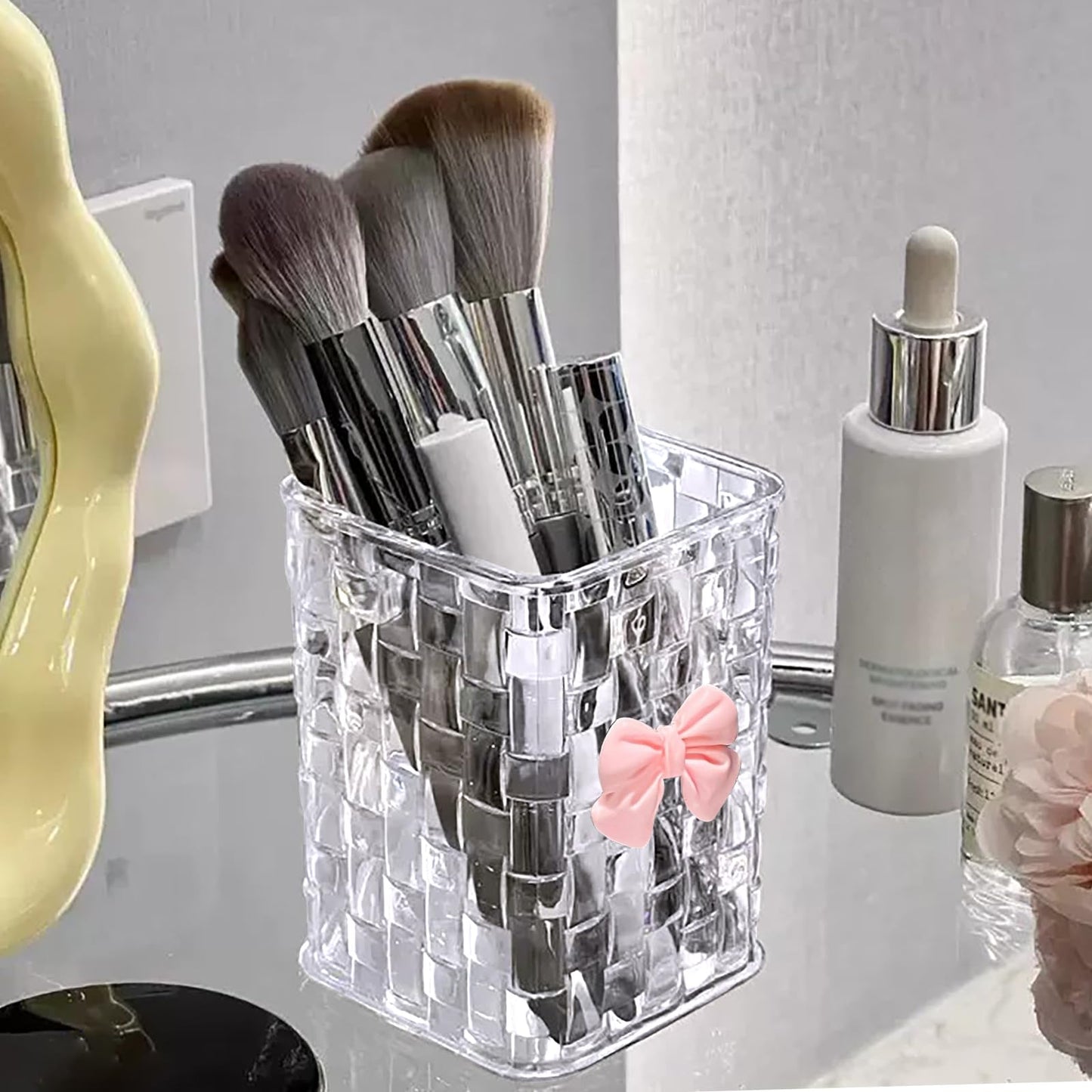 CCREDONE Acrylic Pen Holder for Desk, Clear Pencil Organizer Makeup Brush Cup Holders with Bow Back To School Accessories for Teachers Appreaction Present (Transparent)