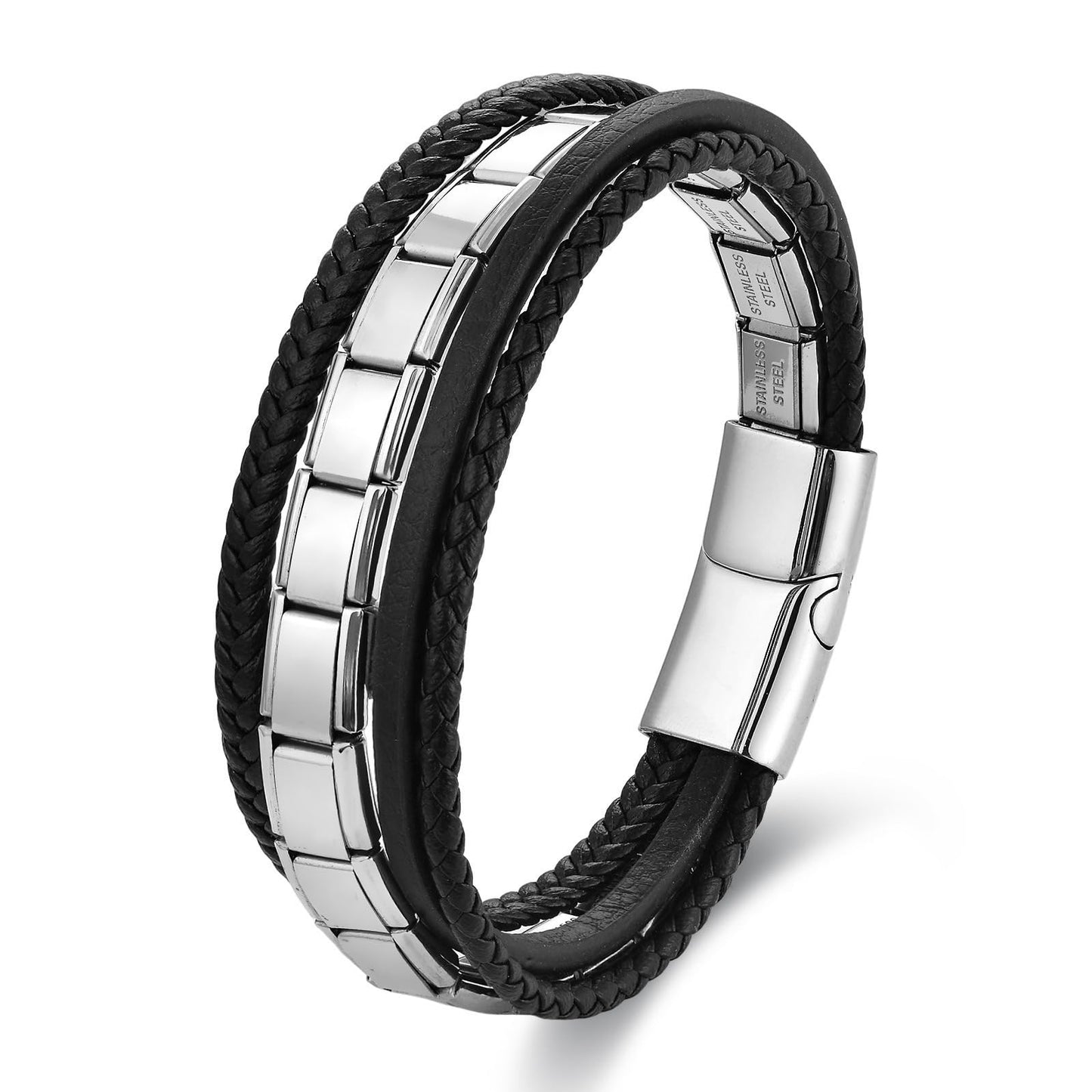 Genuine Leather Bracelet for Men - Stackable Bracelets Best Gifts for Him, Husband, Dad, Boyfriend, Son, Man | Birthday, Fathers Day Present, 316L Surgical Stainless Steel Clasp, Fits Wrists 7.8"-8.3"