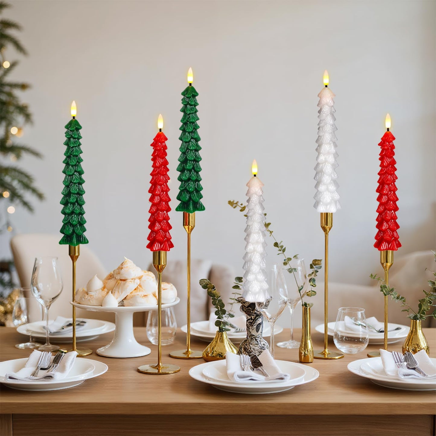 KunSwenn Christmas Tree Candles, Red Christmas Taper Candles, Set of 6 Real Wax LED Flameless Taper Candle, 9.8 Inch LED Tree Candlesticks for Xmas Home Decor