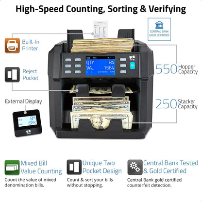 ZZap NC70 Mixed Denomination Bill Counter/2 Pocket Sorter/Counterfeit Detector - Money Cash Value Currency Machine