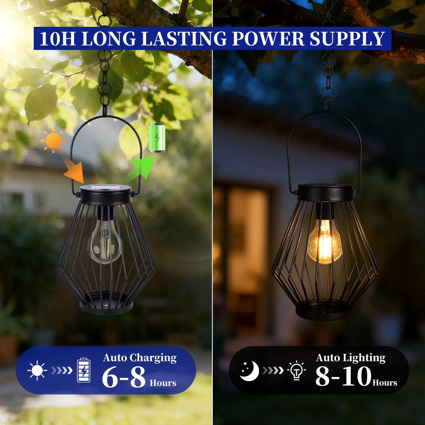 Solar Lanterns Outdoor Waterproof, 2 Pack Metal Decorative Hanging Lantern Lights with Warm White LED Bulb, Solar Powered Patio, Yard & Garden Decor, Ideal for Housewarming & Christmas Gifts