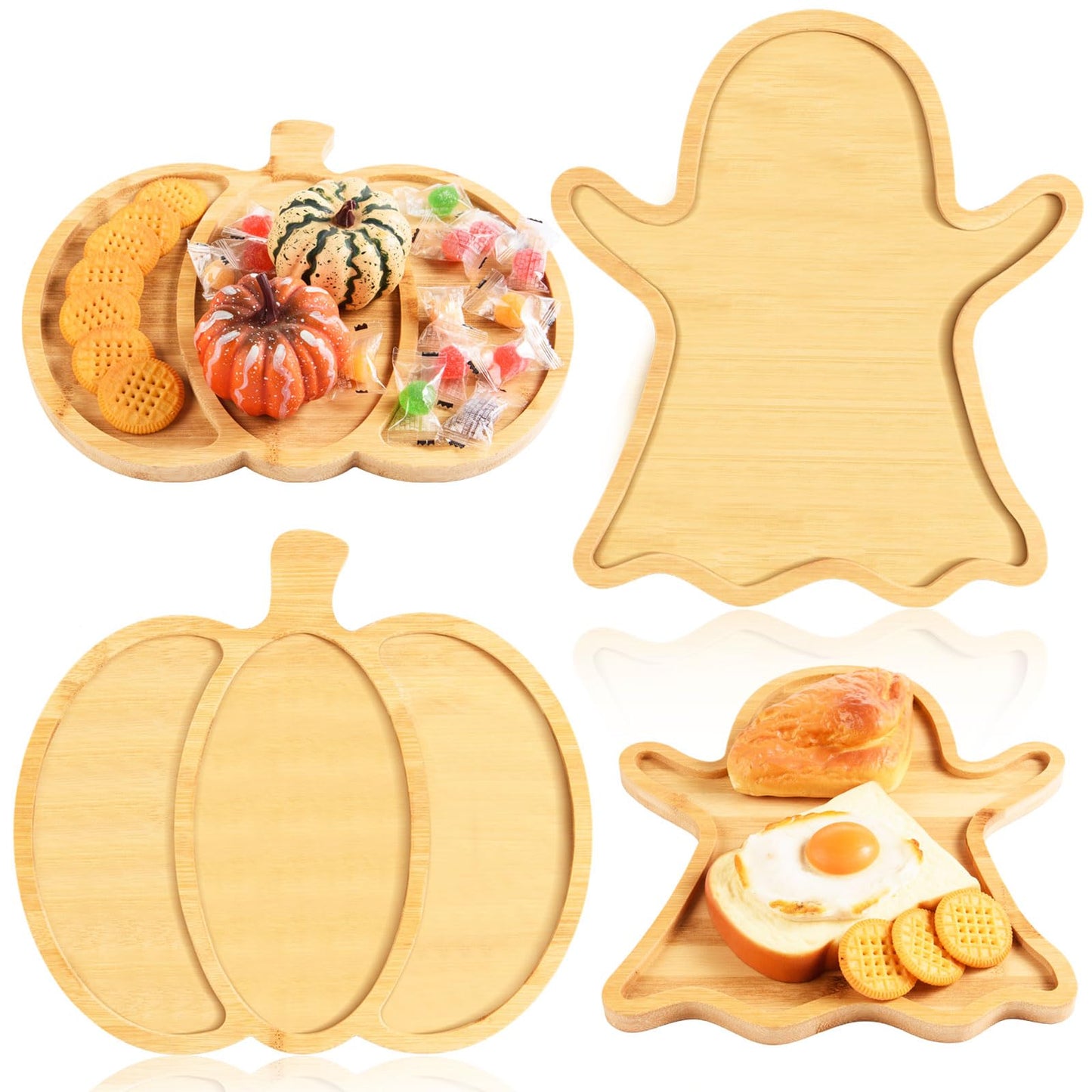 AWIZOM 2 Pcs Halloween Wood Serving Platters Ghost and Sectional Pumpkin Shaped Halloween Wooden Charcuterie Boards Bamboo Serving Trays Wood Snack Dish Plates for Fall Holiday Housewarming Presents