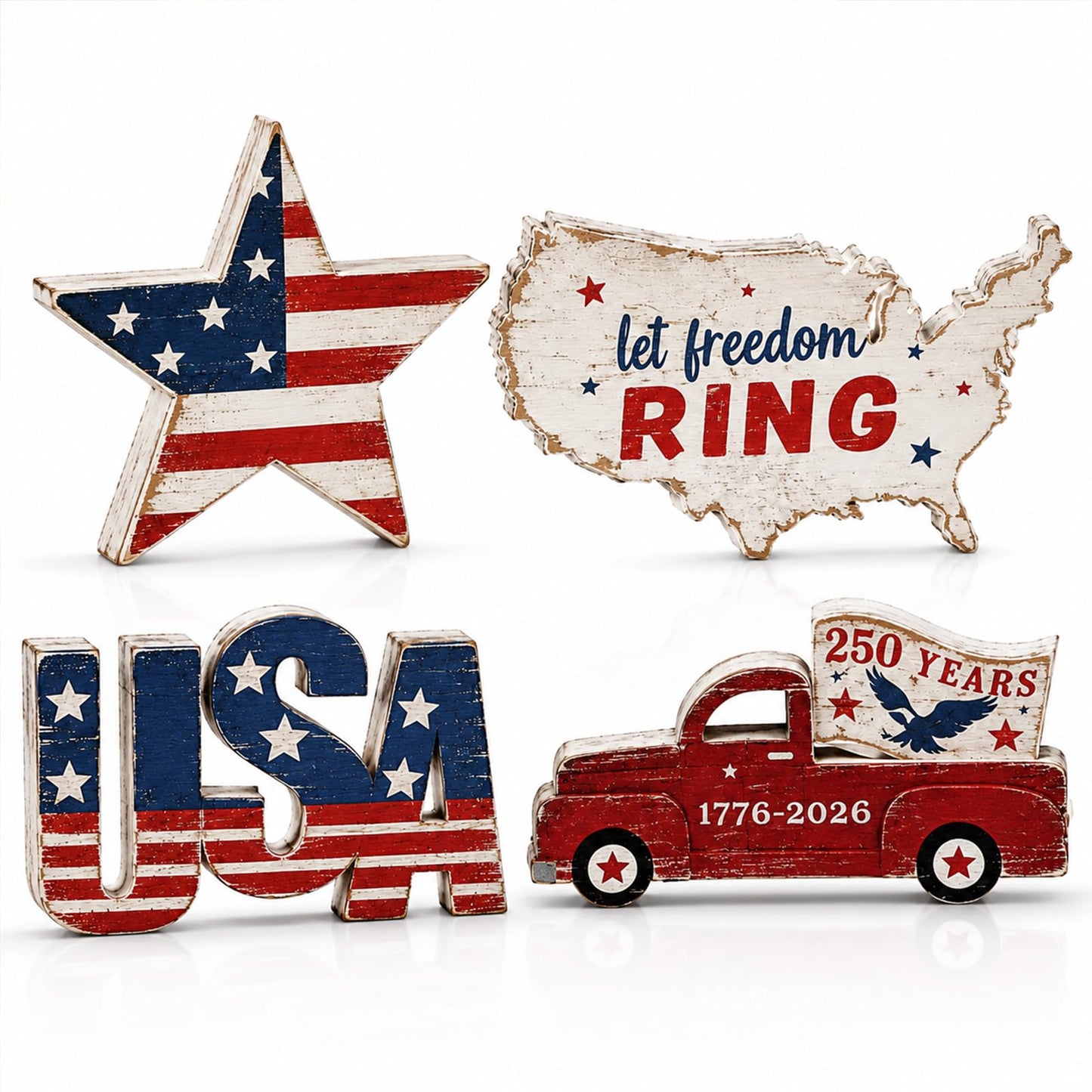 SiliFine 4 Pcs 250th Anniversary Table Decorations 4th of July Wooden Tabletop Centerpieces, Patriotic Star Car USA Tabletop Sign Red White Blue Table Topper for Independence Day