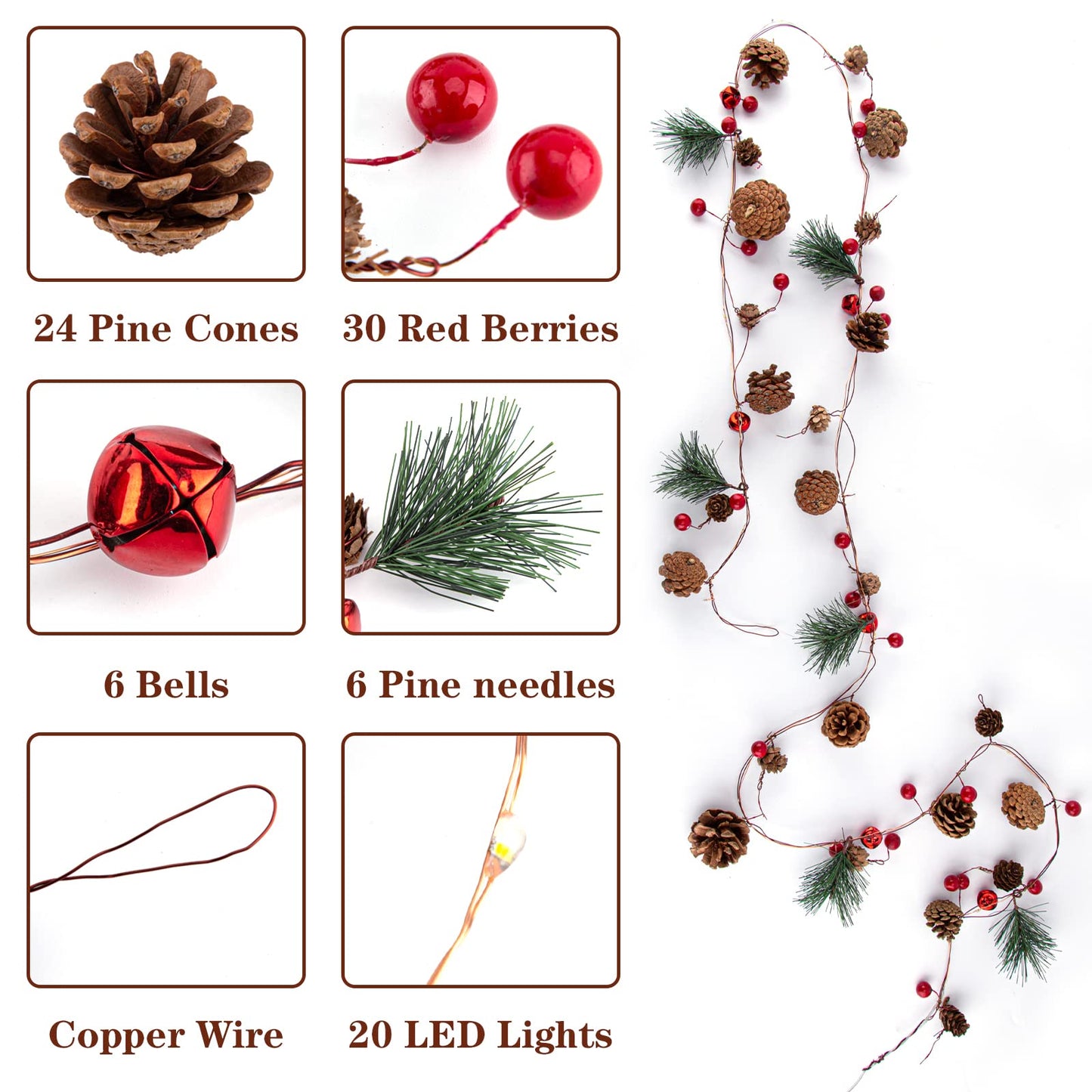 2 Pack Christmas Garland, 6.56 Ft LED String Light with Pine Cones, Red Berries, Bells for Xmas Decor Mantle Fireplace Christmas Holiday Party Thanksgiving Decoration, 20 LED Lights, Battery Operated