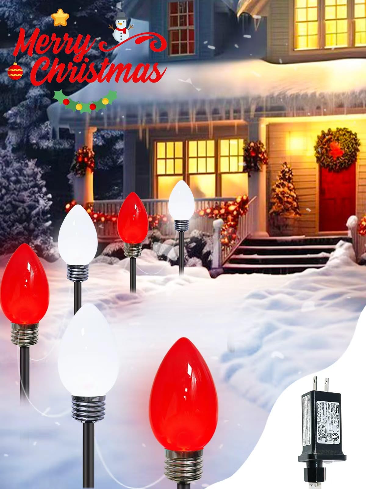 6 Pack Large C9 Christmas Decorations Outdoor, Waterproof C9 Christmas Lights Plug in with 2 Modes and Timer, Pathway Lights for Party Indoor Yard Patio Walkway Garden Xmas Decoration (Red and White)