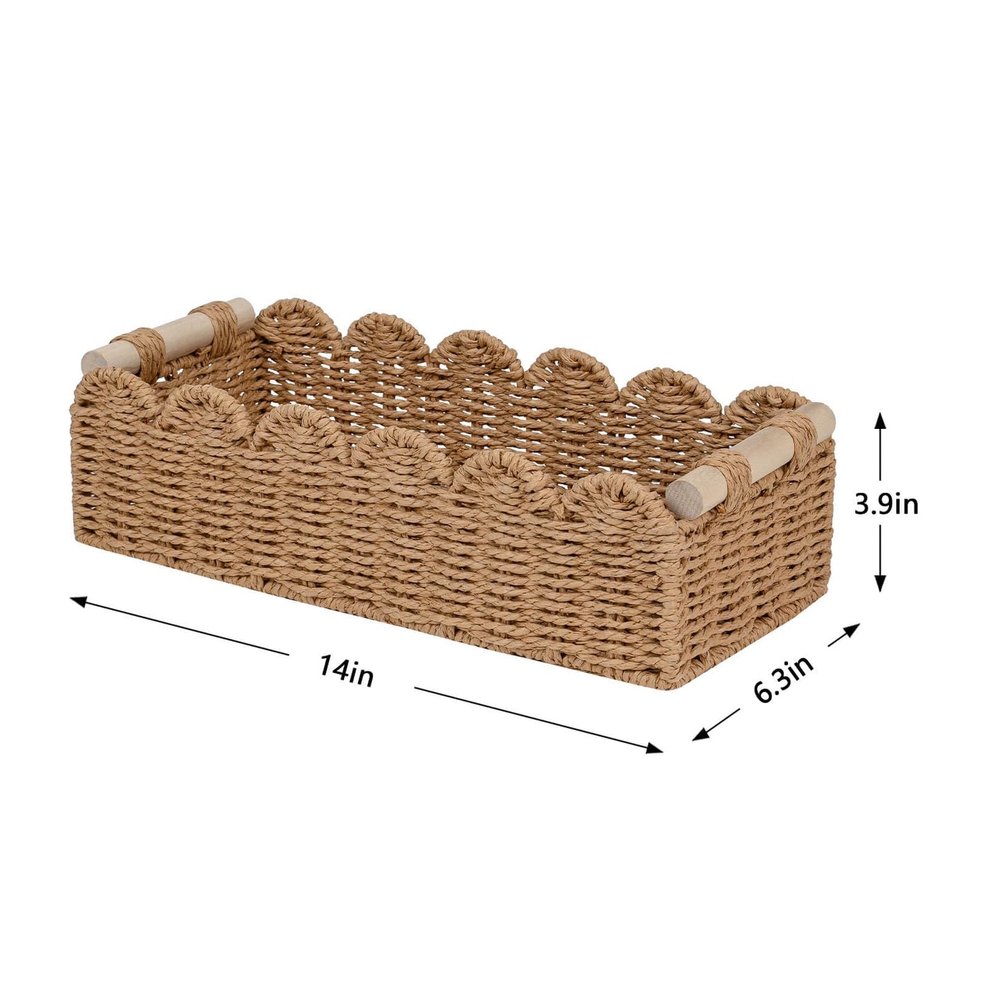 CubesLand Paper Rope Scalloped Edge Toilet Paper Storage Basket, Small Living Room, Bedroom Decor Baskets for Over Toilet Storage Shelf, End Table, Shelves and More, with 2 Wooden Handle, Neutral