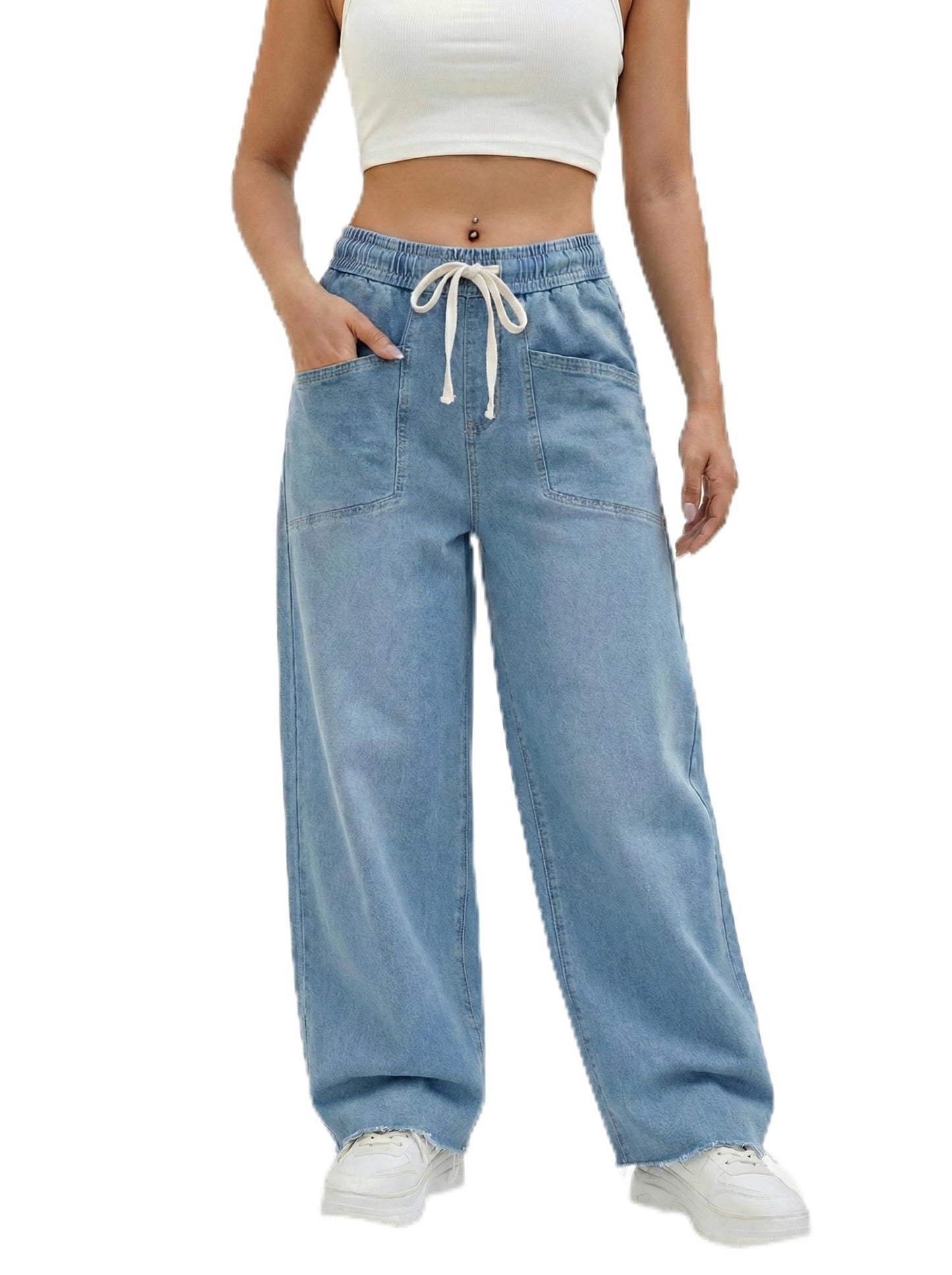 Mulch Woman High Waisted Wide Leg Women’s Pull On Blue Wash Jeans Stretchy Loose Fit Elastic Waist Drawstring Denim Pant (Medium)