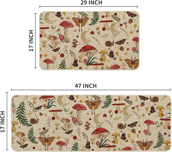 Artoid Mode Mushrooms Butterfly Spring Kitchen Mats Set of 2, Home Decor Low-Profile Kitchen Rugs for Floor - 17x29 and 17x47 Inch