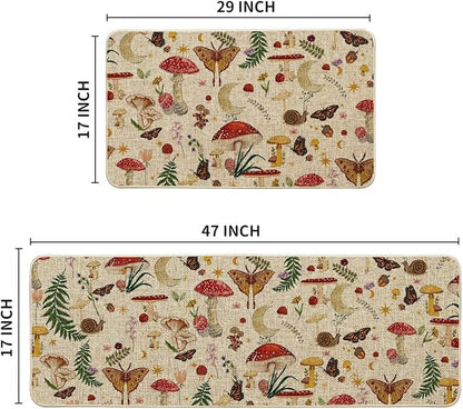 Artoid Mode Mushrooms Butterfly Spring Kitchen Mats Set of 2, Home Decor Low-Profile Kitchen Rugs for Floor - 17x29 and 17x47 Inch