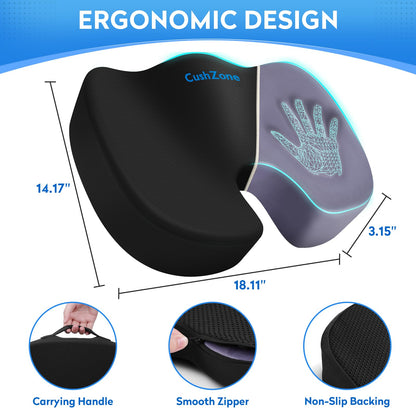 CushZone Seat Cushion - Memory Foam Office Chair Cushion for Sciatica, Tailbone & Back Pain Relief - Orthopedic Coccyx Pillow for Car, Airplane, Pregnancy & Long Sitting at Work, Black
