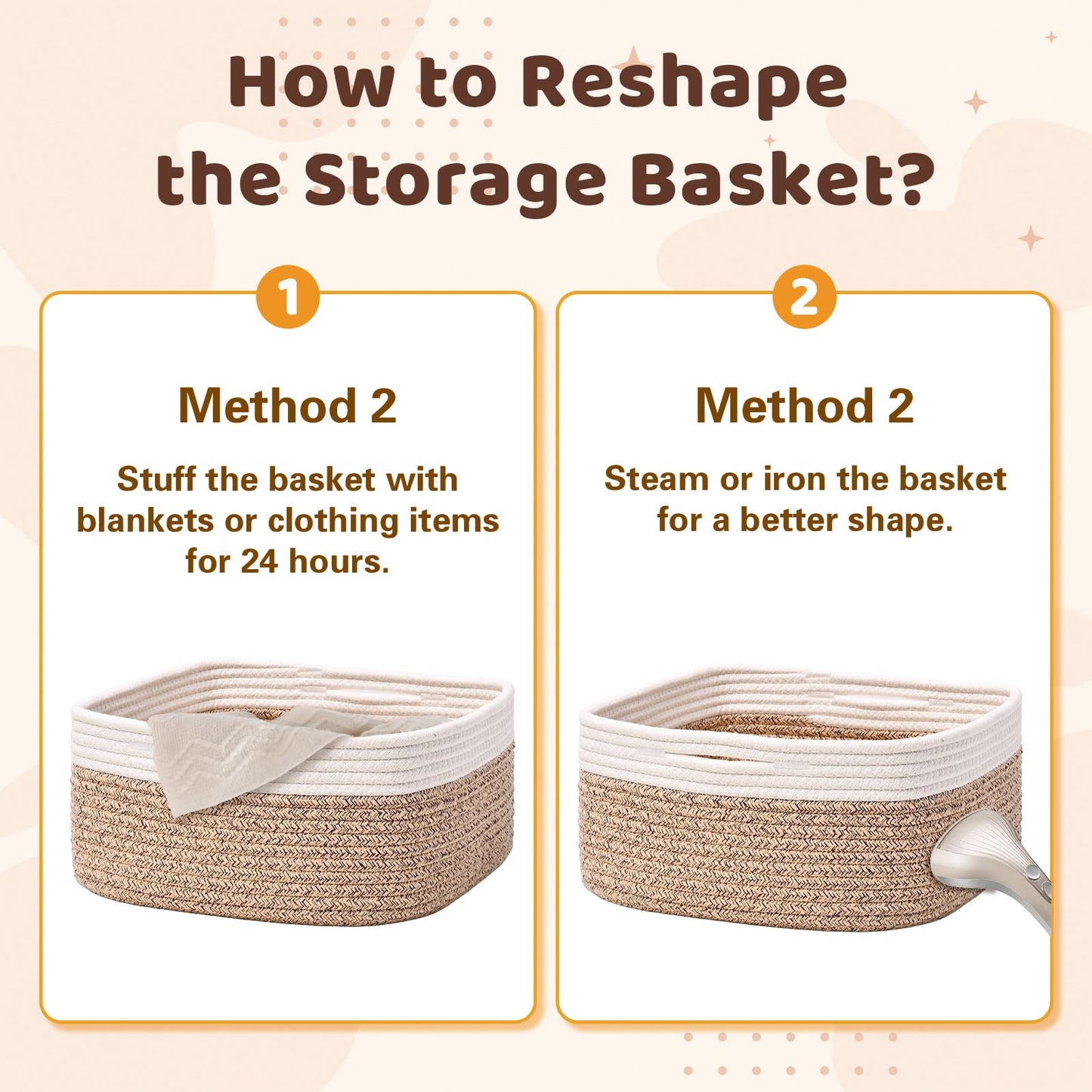 Storage Baskets for Shelves, 2 Pack Shallow Basket - 10.5" x 10.5" x 5.5", Rope Baskets for Organizing Toys, Snacks, Cube Storage Bins for Closet, Bedroom, Nursery, Brown & White