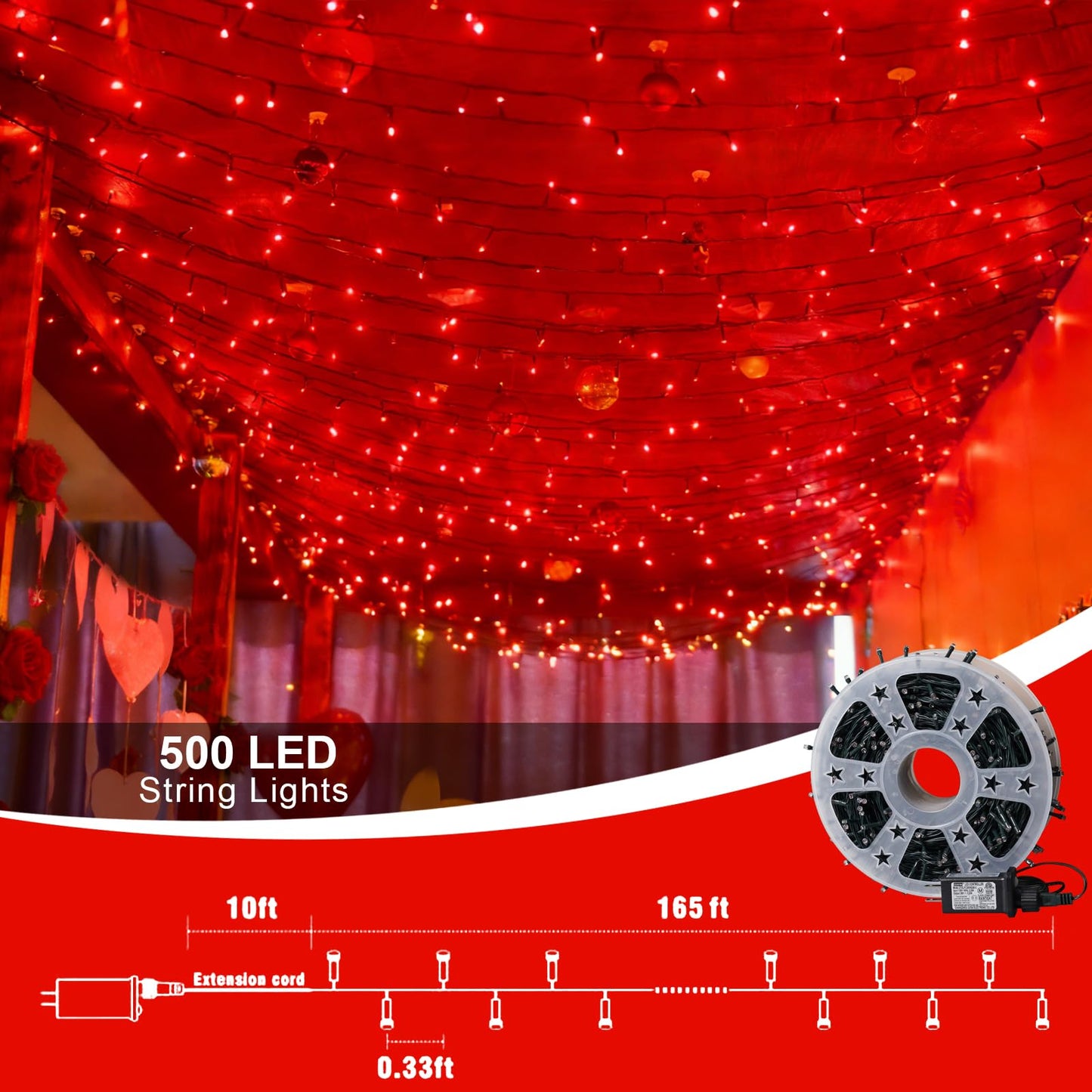 QITONG 500LED Red String Lights, 165ft Twinkle Lights Outdoor Waterproof with Plug in, Green Wire Christmas Fairy Lights Indoor with 8 Modes