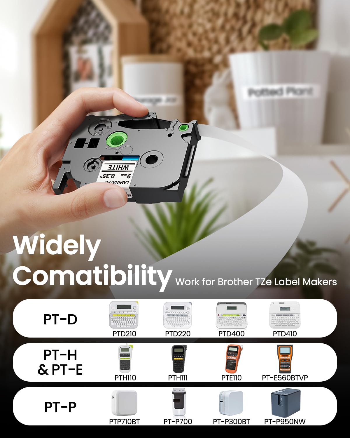 TZe-221 TZ Tape 9mm 0.35 Laminated White Replacement for Brother P Touch Label Tape 3/8 Inch TZ TZe221 Compatible with PT-D200 1280 1180 1830 Label Maker Tape Refills, 8m (26.2 ft), 4 Pack