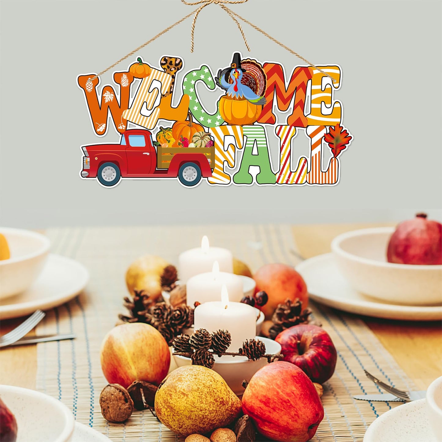 Fall Thanksgiving Home Front Door Hanger Decor - 3pcs Autumn Pumpkin Turkey Leaves Orange Paper Signs Banners, Baby Shower Birthday Wall Hanging Indoor Decorations Lasting Surprise