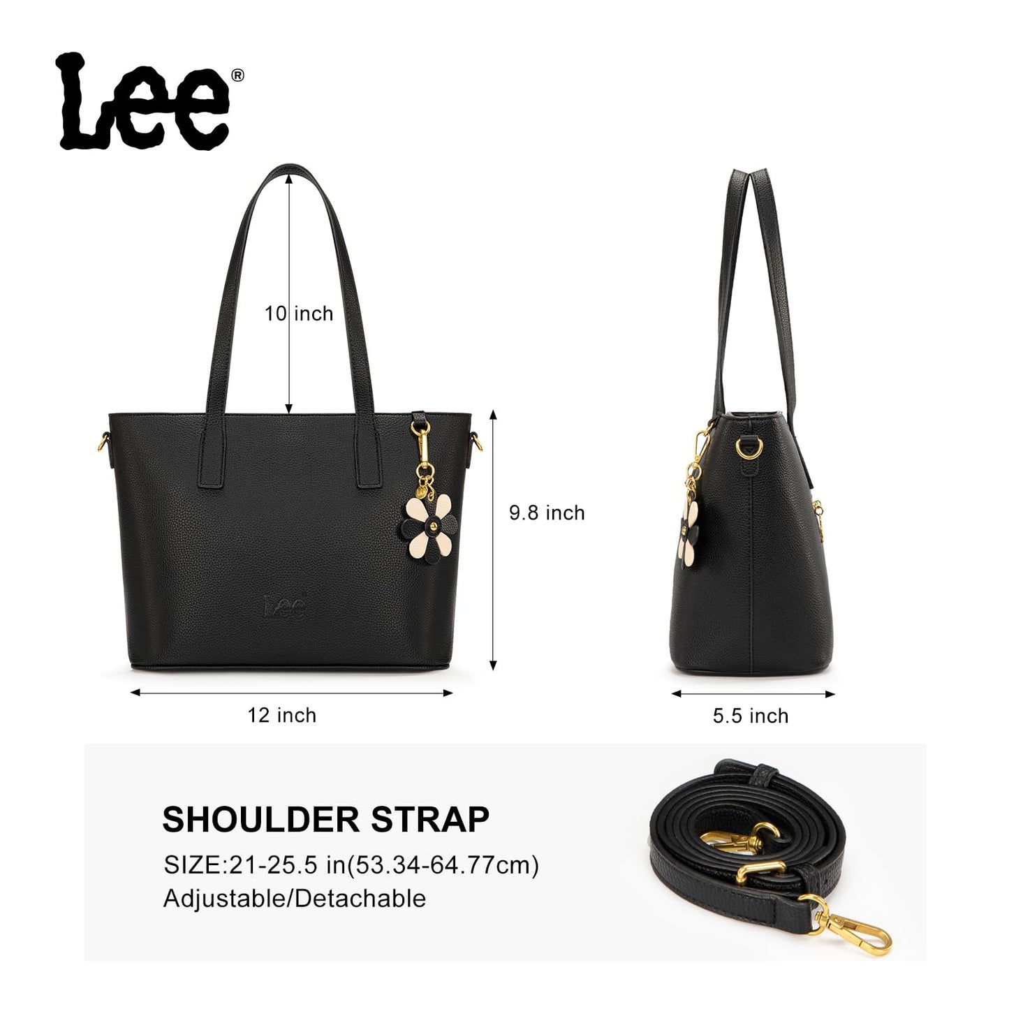 Lee Tote Bag for Women, Soft Vegan Leather Shoulder Bag with Adjustable Detachable Crossbody Strap, Work Handbag for Commute Travel LEE70-002BK