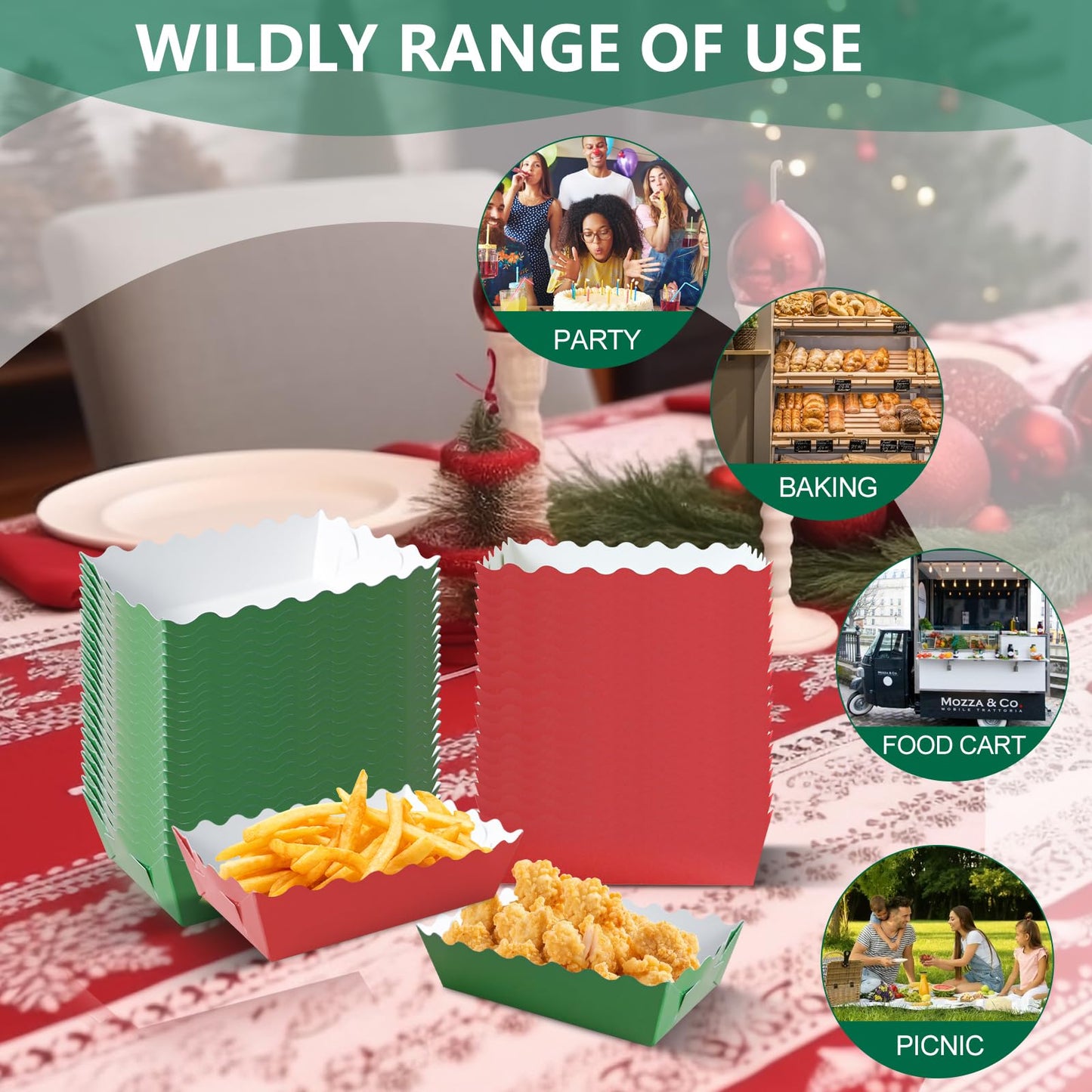 100 Pcs Christmas Paper Food Trays Christmas Cookie Tray for Gift Giving Red and Green Scalloped Food Serving Boat Disposable Trays for Serving Snack Xmas Holiday Party Decorations