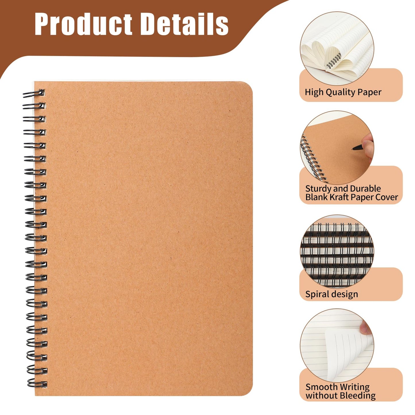 miikoul 60 Packs A5 Spiral Lined Notebooks, Kraft Paper Cover, 8.3"×5.5", 60 Sheets/120 Pages, Ruled Notebooks Bulk, Hardcover Journal Notepad Travel Notebooks for Office and Back to School Supplies