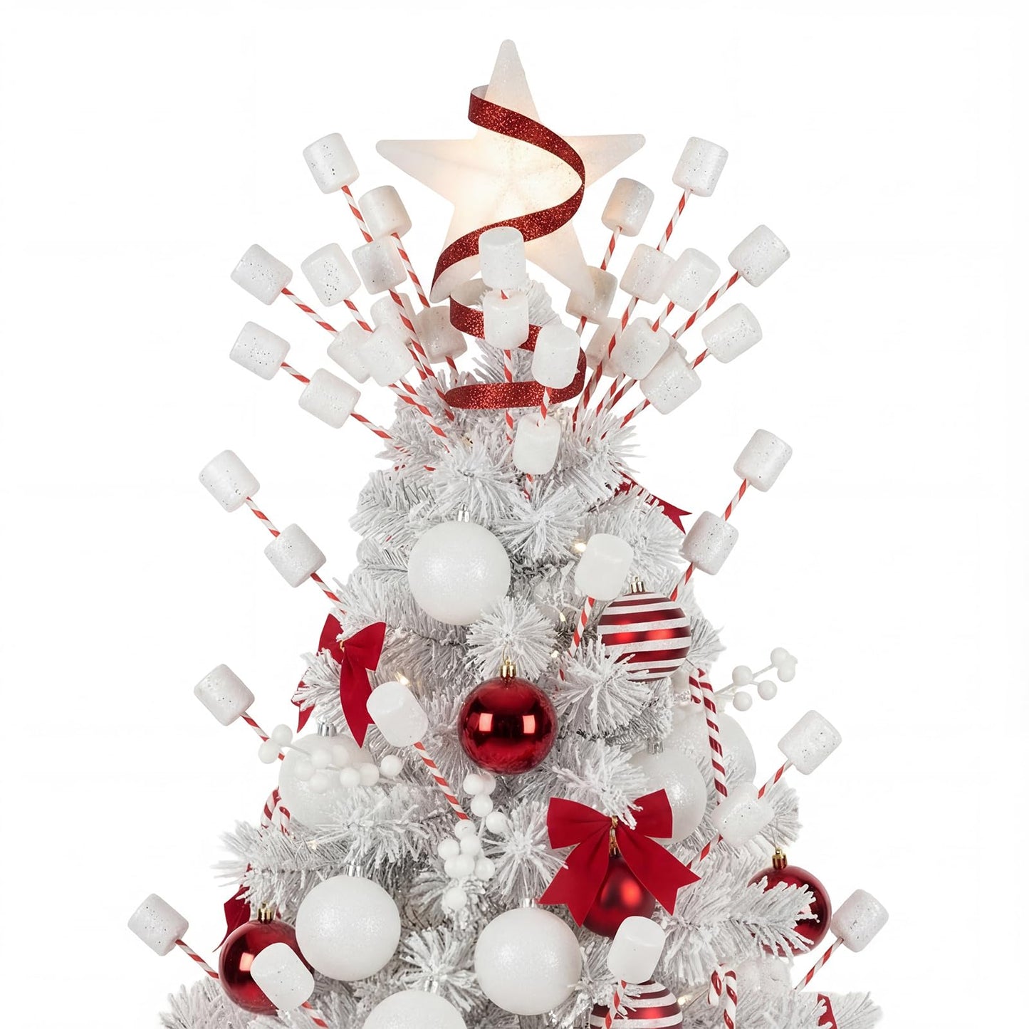 Suncalla 12 Pcs 13 Inch Marshmallow Christmas Tree Picks Decoration Red and White Glitter Marshmallow Candy Christmas Tree Picks Topper Ornaments for Xmas Holiday Vase Filler Craft Wreath Home