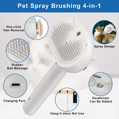 Pet Steam Brush for Shedding, 4 In 1 Brush for Long & Short Haired Cat&Dog, Self-Cleaning Hair Remover with Water Tank And LED Blue Light, Release Button(grey)