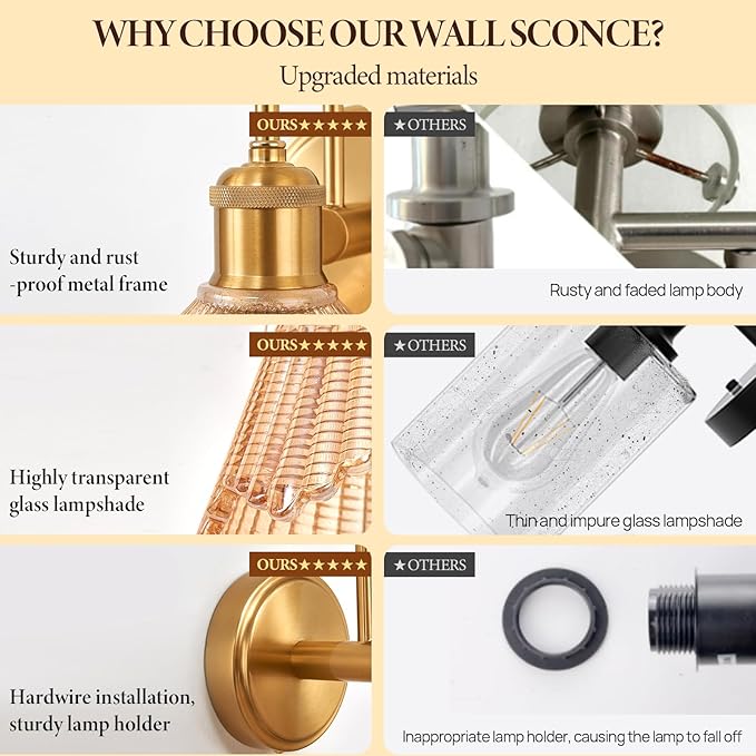 Wall Sconce Set of 2, Gold Vintage Light Fixtures with Long Amber Glass Lampshade, Hardwired Sconces Wall Lighting for Bedroom, Bathroom, Living Room | Includes 2 LED Bulbs