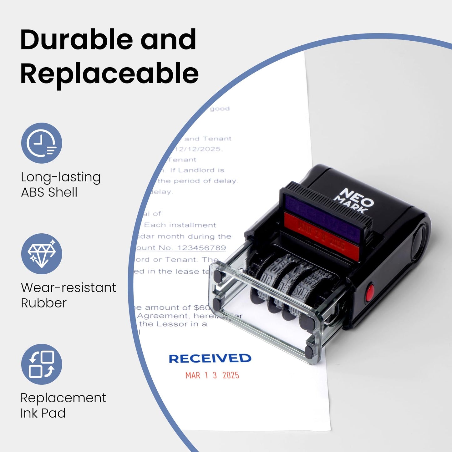 NEO MARK Self-Inking Date Office Stamp with Received Blue Ink & Date Red Ink, 12-Year Adjustable Rubber Dater, Ideal for Documents, Business & Accounting - with an Extra Refill Ink Pad
