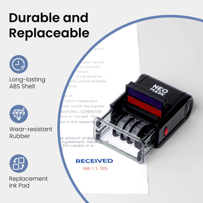 NEO MARK Self-Inking Date Office Stamp with Received Blue Ink & Date Red Ink, 12-Year Adjustable Rubber Dater, Ideal for Documents, Business & Accounting - with an Extra Refill Ink Pad
