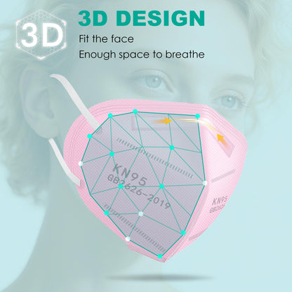 LEMENT KN95 Face Masks,50 Pack 5-Ply Breathable Cup Dust Disposable Masks For Adults,Pink