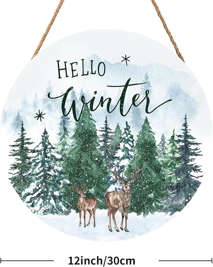 Winter Welcome Sign for Front Door Decor Farmhouse Winter Pine Trees Wood Door Hanger for Outdoor Outside Porch Rustic Hello Winter Round Hanging Sign for Home Front Porch Wall Decoration 12”x12”