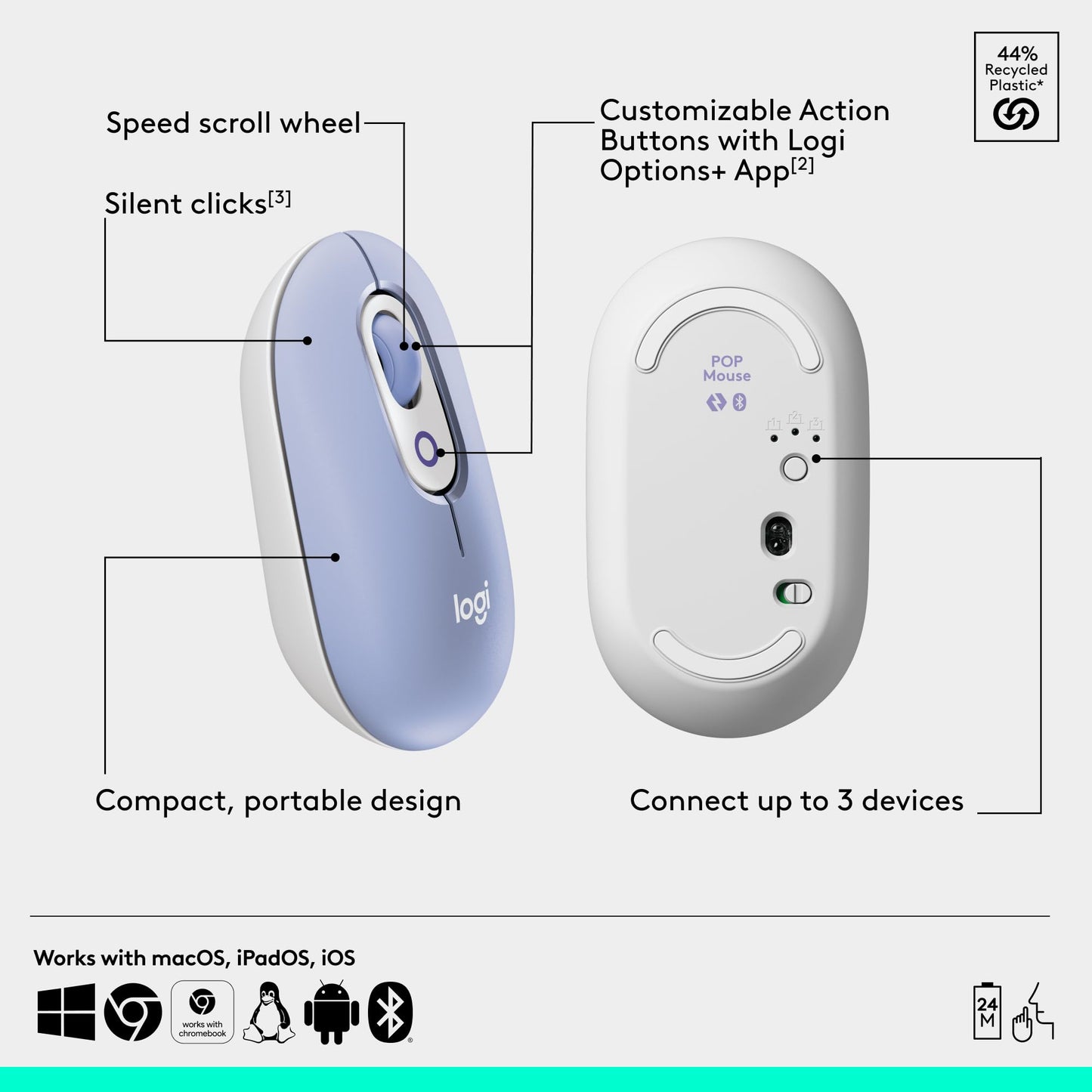 Logitech POP Mouse, Wireless Mouse with Customizable Emojis, SilentTouch Technology, Precision/Speed Scroll, Compact Design, Bluetooth, Multi-Device, OS Compatible - Heartbreaker Rose