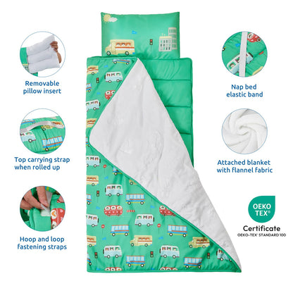 Safotad Toddler Nap Mat with Pillow and Blanket, Soft Sleeping Bag for Kids Boys and Girls, Slumber Bags Kids for Preschool, Daycare, Travel, Camping, 54" x 33" Great for Ages 3-6(Green)