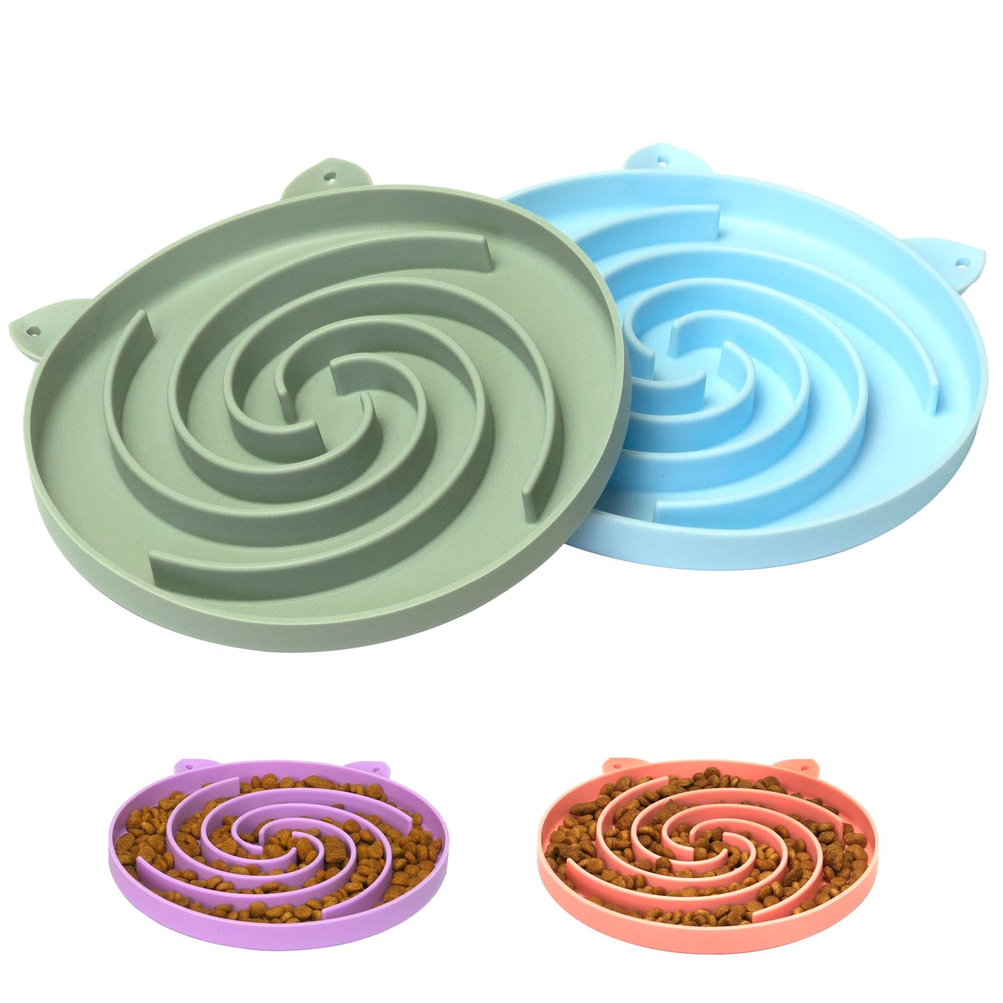 Bifeaw Slow Feeder Cat Bowl, Easy to Clean Silicone Bowl, Ideal for Dry and Wet Food (Green and Blue)